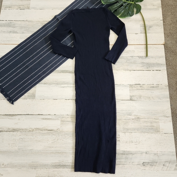 Theory Ribbed Long Sleeve Midi Sweater Dress Navy Size Small